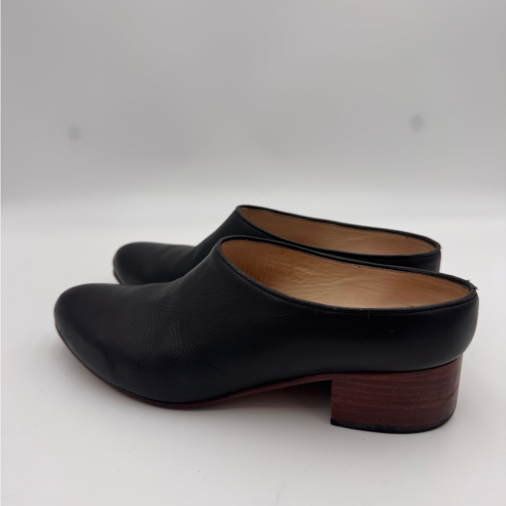 NISOLO Sofia Slip-On Mule Size 6.5 Black Leather, Brown Wooden Heel - Picture 4 of 7